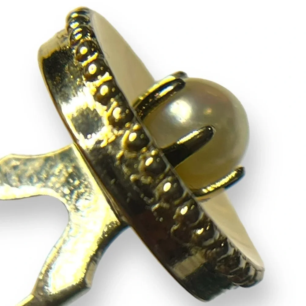 Vintage Gold Tone Imitation Pearl Cufflinks Prong Set Bead Edge Locking